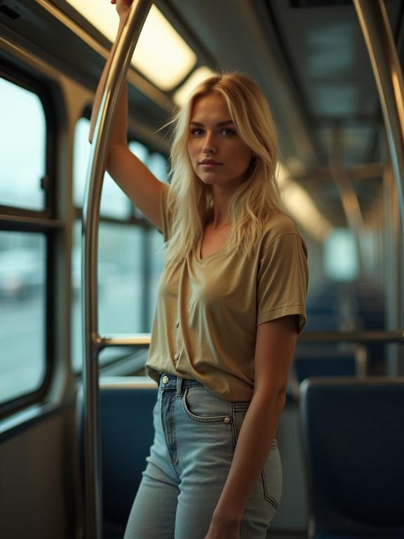 Blurry low-res photo of a blonde woman on a city bus. She stands holding the rail. Lighting is harsh and highlights are overexposed. There is slight motion blur. The angle is low and close to a seat. Looks accidental.