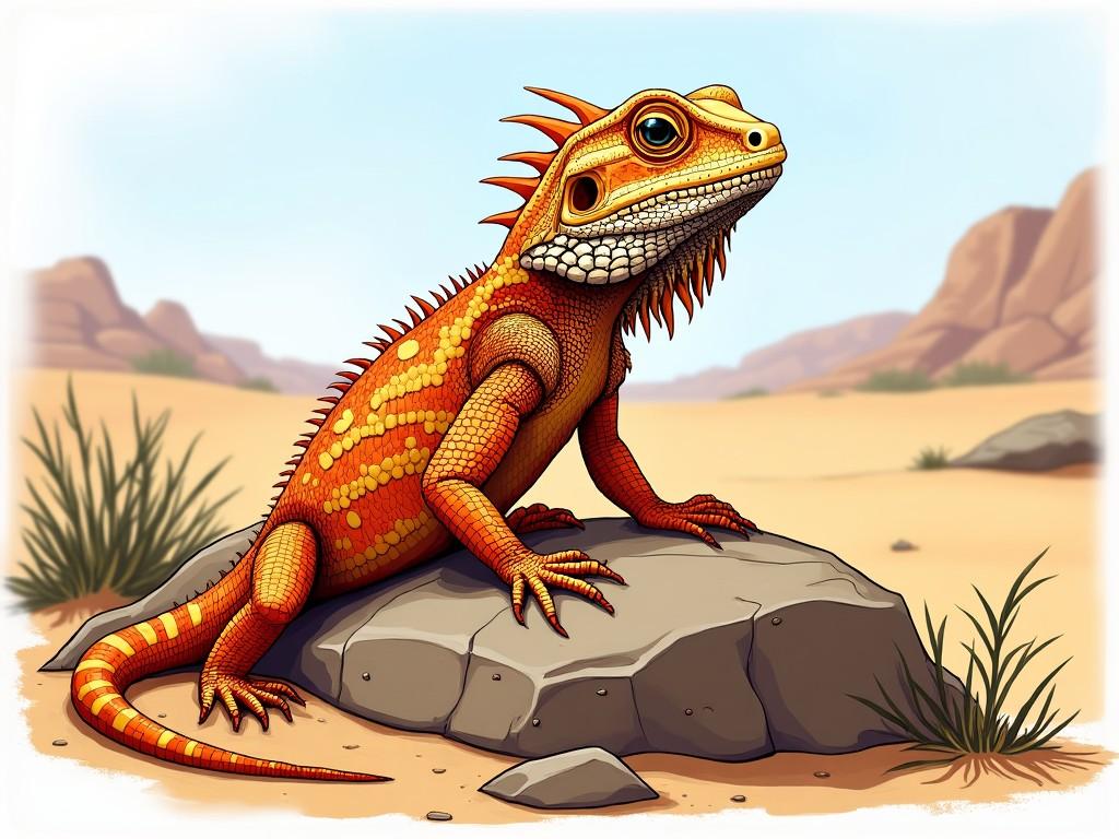 A colorful lizard posed on a rock in a desert environment illustration.