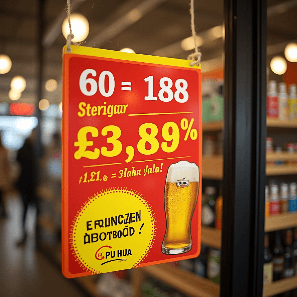 The image shows a vibrant red and yellow advertisement poster hanging in a store. The poster prominently features a numeric equation "60 = 188" followed by the word 'Sterigaar'. Below this, a price of '£3.89%' is highlighted in large, bold yellow letters. Further down, there is a smaller text description that reads "£1, £1, = 3laha yala!" suggesting some kind of promotional offer. A picture of a beer glass filled with a frothy, bubbling golden beer occupies a space on the right side of the poster, drawing attention. The bottom of the poster features a circular yellow burst with the words "E Runczen ØbotoäD!". The logo or branding "PU HUA" is below the circle, indicating the company or brand name. The background shows a blurred view of a store interior with shelves stocked with various items, likely beverages. The poster is designed to attract passersby with its bright colors and appealing graphics.