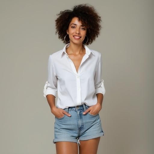 Woman with curly hair wearing a white shirt and shorts. She poses with hands in pockets. Background is neutral. Smiling expression. Fashion feel.