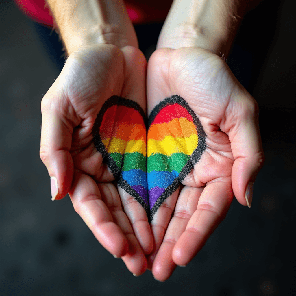 Two hands gently cradle a rainbow-colored heart.