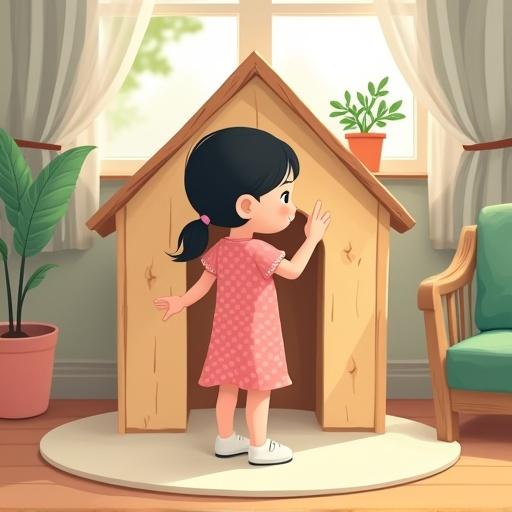 Children's storybook illustration with a young girl inside a wooden playhouse in a cozy room. She wears a pink dress and white shoes, reaching towards a wooden pillar. The room has a round rug, a window, a plant, a grey curtain, and a green chair. The lighting is warm and slightly dimming.