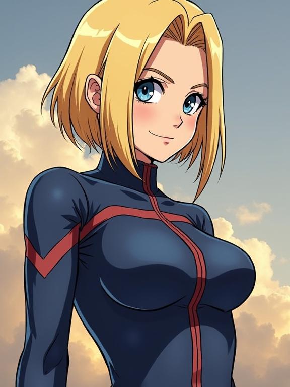 Anime character with blonde hair in a uniform. She has blue eyes and a confident smile. Background features soft clouds.