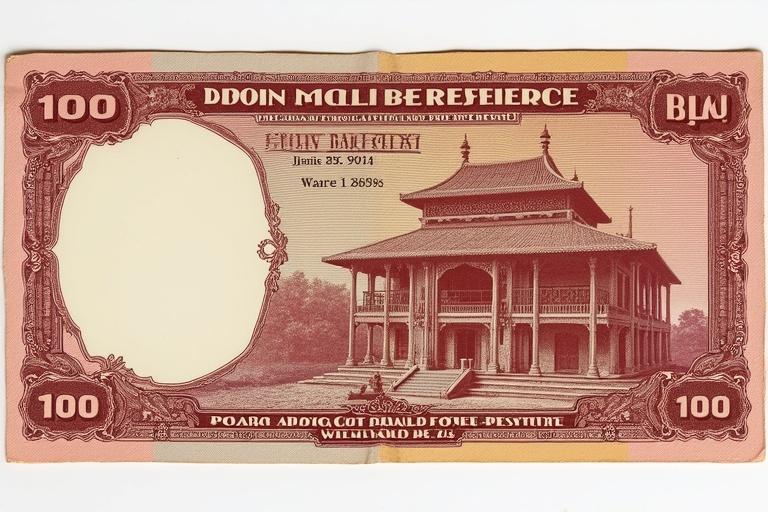 Design a currency note for Rangs by Rangmanch Reserve showing a beautiful building structure on the front and blank space for a serial number.