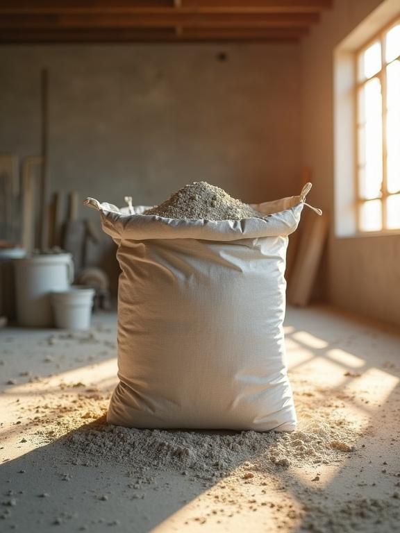 Photorealistic commercial image of a large bag of construction material. The bag is filled with powder-based adhesive and sealed. The setting is an indoor construction site with dust and construction props. Warm light from the right highlights the scene. Background shows gravel, tools, and construction debris. Shallow depth of field to focus on the bag and blur the background. Capture realism with ambient light and natural fabric folds. Shot framed in 4:5 ratio.