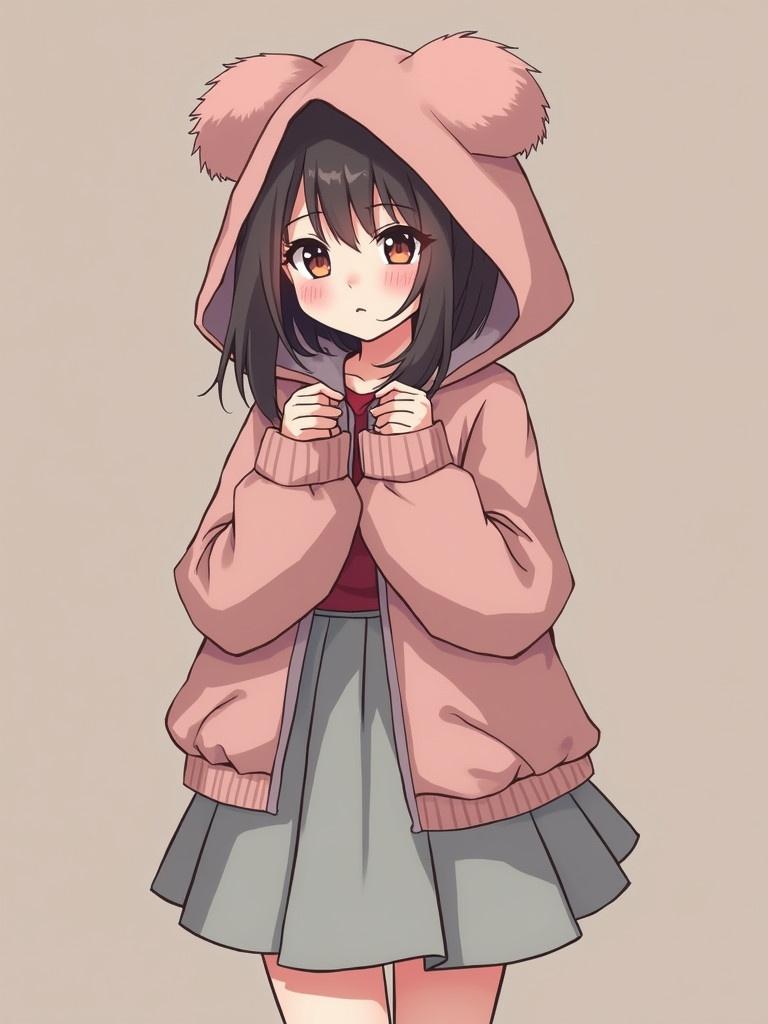 Girl wears a light grey skirt and dusty pink hooded jacket. Kawaii style inspiration. Soft color palette with cute design.