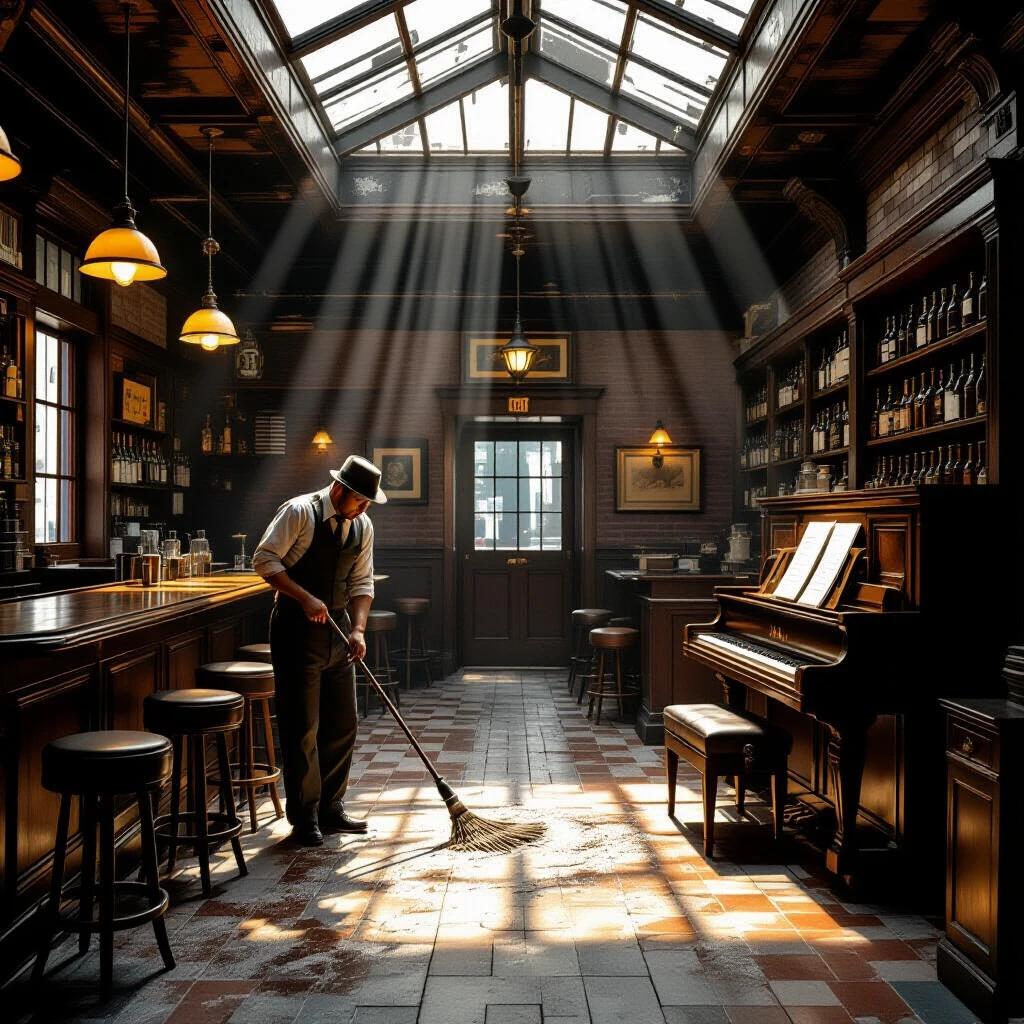 Depicts a 1920s speakeasy scene. A janitor mops the floor before opening. Bar stools are positioned upwards. Sunlight streams through the dusty skylight. A closed piano is present. The setting is realistic and atmospheric.