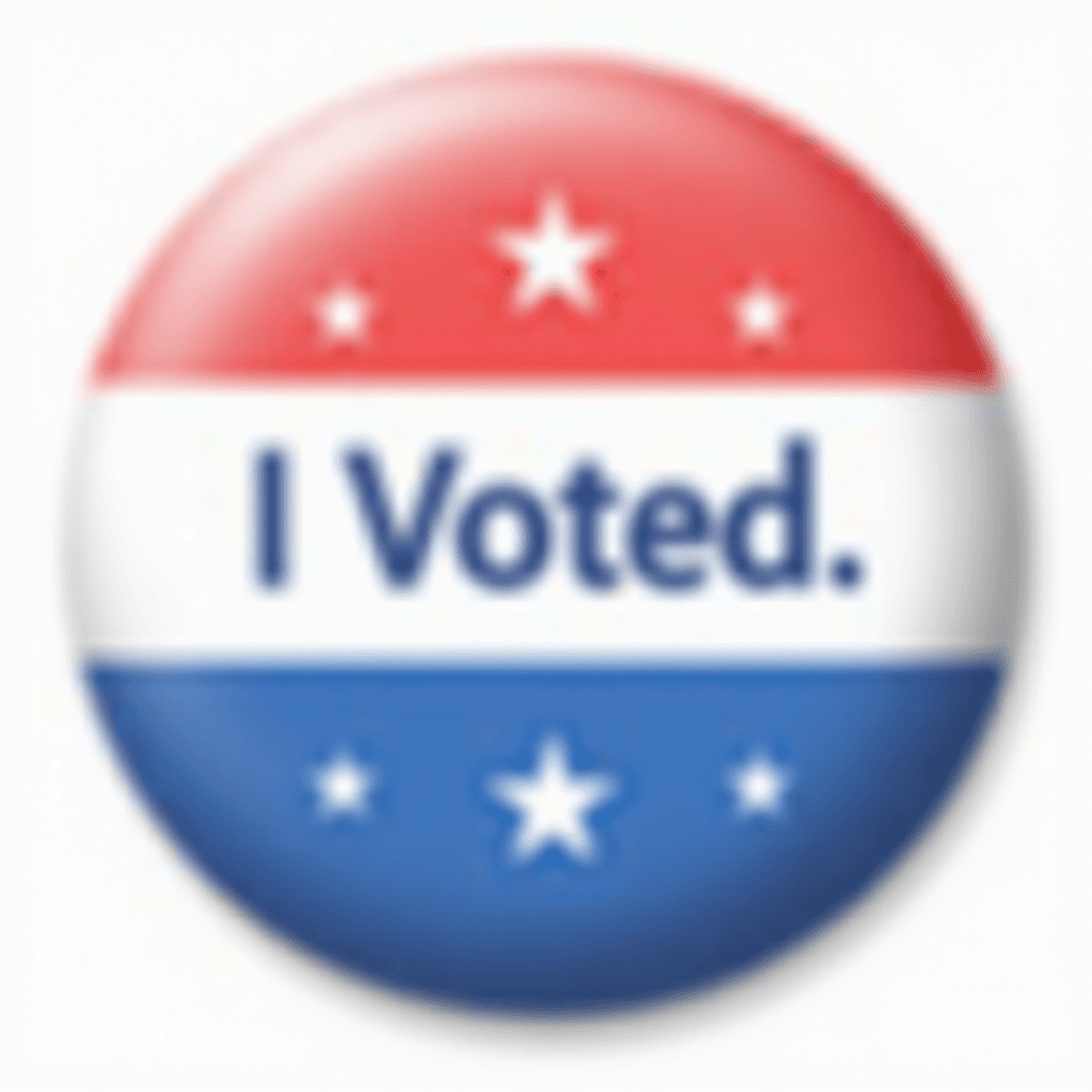 A round badge with a patriotic color scheme, featuring "I Voted." in the center against a white background, red top with white stars, and blue bottom with stars.