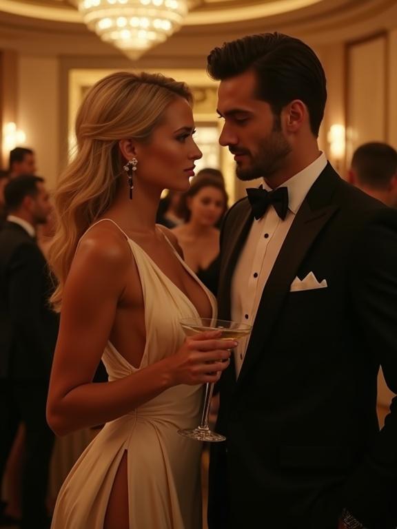 High-end party bar scene in Dubai with amber lighting. Confident blonde woman in a gown receives a drink from a handsome man in a sleek suit. Focus on her eyes, smile, and gown's high slit. Stylish guests in a luxurious setting.