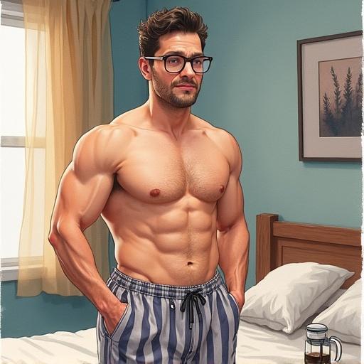 Watercolor illustration of a muscular man with stubble and glasses pulling up striped pajama pants. He appears contemplatively confused in a cozy, naturally lit bedroom. Nearby, a coffee pot is visible. The man is smiling slightly. He is shown from a slightly low angle.