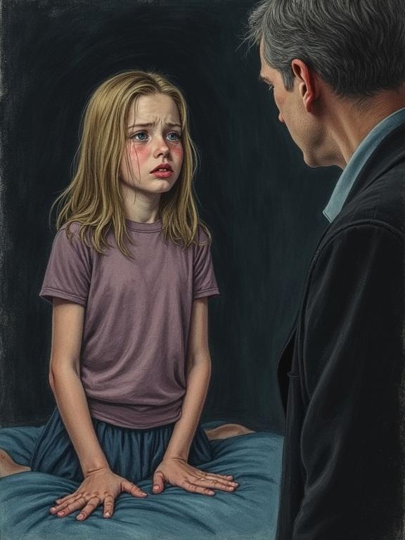 realistic crayon drawing of a scared blond high school girl in a dark bedroom. She appears tearful and upset. The girl has a trembling lower lip and hands on her sides. She looks down at a middle-aged man. Scene evokes feelings of distress and vulnerability.