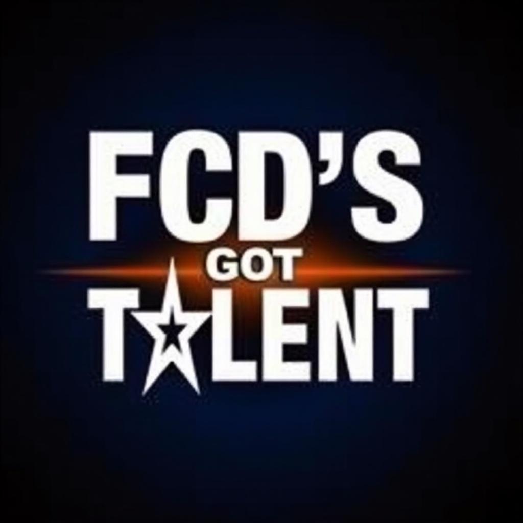 A bold modern typographic design saying 'FCD'S GOT TALENT'. The text is prominent against a dark gradient background from blue to orange. The graphic represents a talent show focusing on creativity and performance. Clean font style conveys professionalism to attract attention and showcase a lively atmosphere of talent.