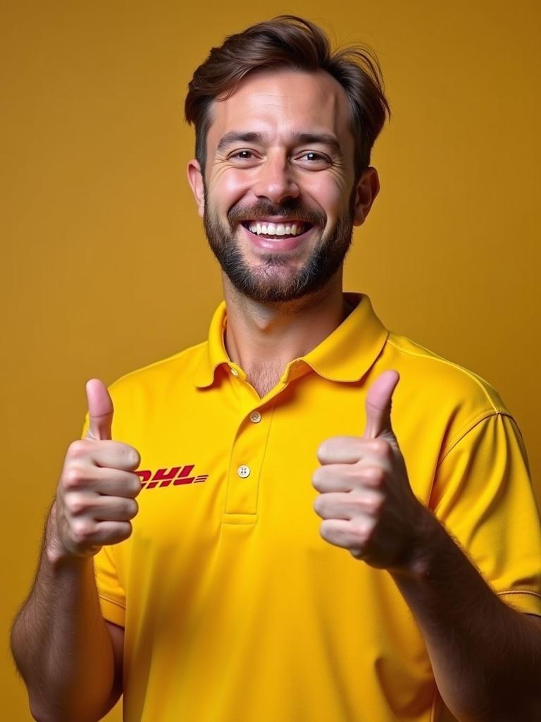 Man shows thumbs up wearing bright yellow DHL shirt. Emphasis on customer service and positivity.