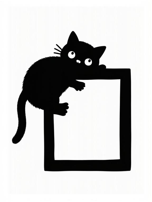 Black silhouette of a hand-drawn Kawaii style cat hanging from the corner of a tilted picture frame. The cat’s eyes are wide and expressive, claws slightly digging into the frame. Transparent background. Bold minimalist style. Works on both white and black backgrounds.
