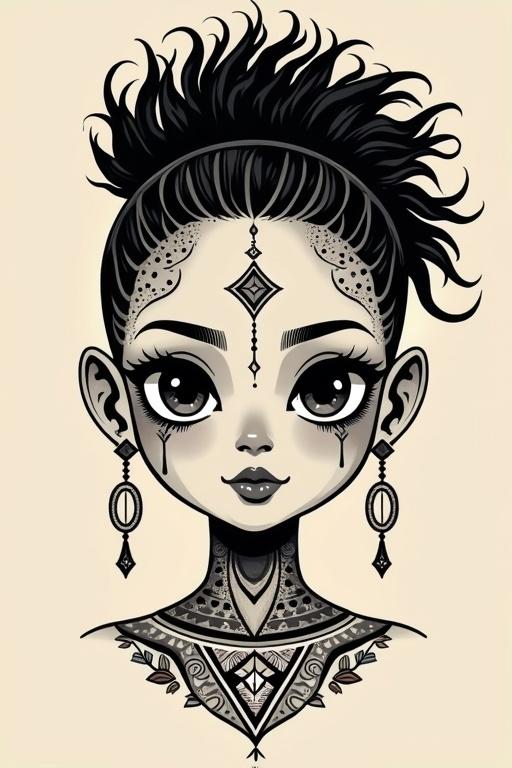 Tattoo design featuring a girl with curly hair inspired by African style. Lines are thick with fine shading. The girl's face has detailed expressions and adornments.