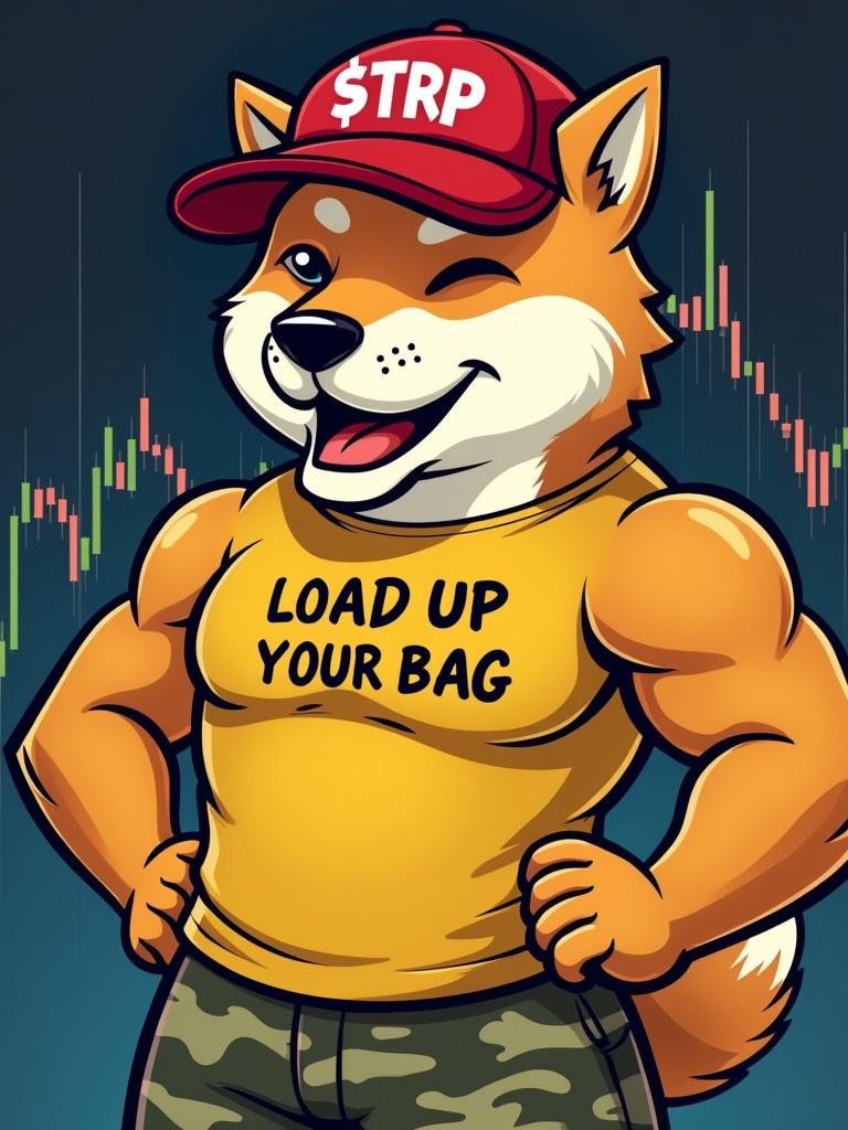 A muscular cartoon Shiba dog wearing a red baseball cap called $TRP camouflage pants and a yellow shirt with the text LOAD UP YOUR BAG on a background of stock market charts and graphs.