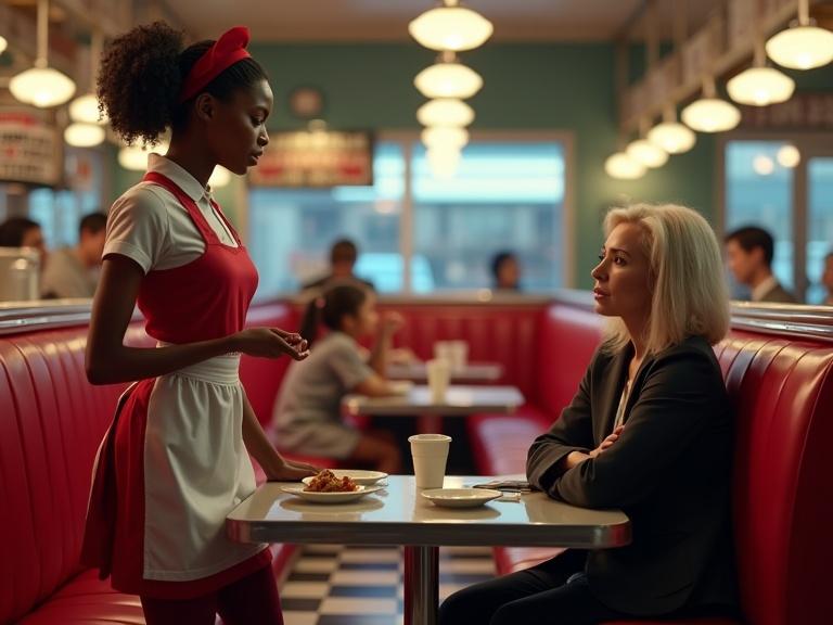 A realistic scene inside a classic American diner features red leather booths, chrome accents, and a black-and-white checkered floor. A Black waitress in her 30s wears a retro diner uniform and stands next to a booth speaking gently to a 10-year-old white girl seated at a table. The girl looks up at the waitress with curiosity and slight shyness. Across from her is the girl’s mother, a white woman in her early 40s, dressed in a smart blazer, with a stern expression glaring at the waitress with arms crossed. The warm ambient lighting casts soft shadows, creating a slightly tense atmosphere, while background elements are blurred to focus on the main characters. Hyper-realistic facial expressions and textures are visible.