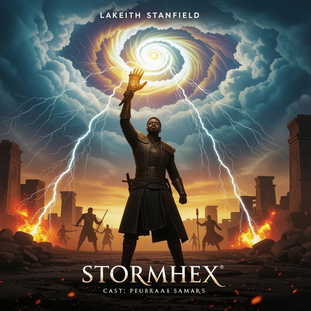A lone warrior stands in a scorched battlefield. He raises an ancient glowing gauntlet toward a swirling storm. Dramatic lightning bursts around him. Mist and embers swirl in the air. Enemy figures stagger in the distance. A powerful mythic movie title appears at the bottom.