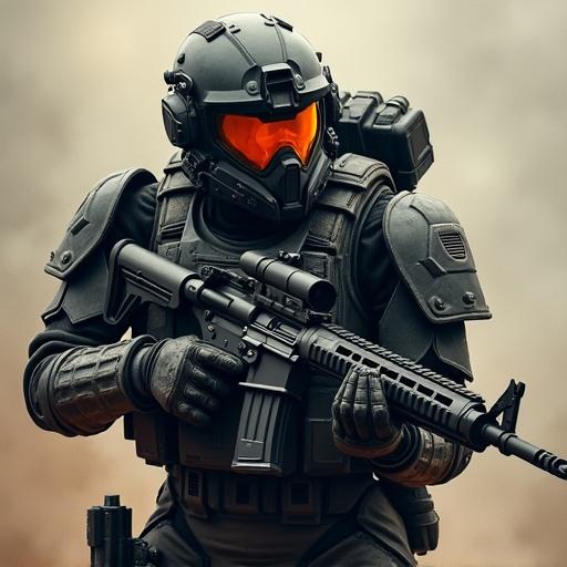 Concept art of a soldier warrior in dark retro-scifi armor. The soldier should hold a futuristic assault rifle. The design emphasizes firepower and heavy weapon systems.