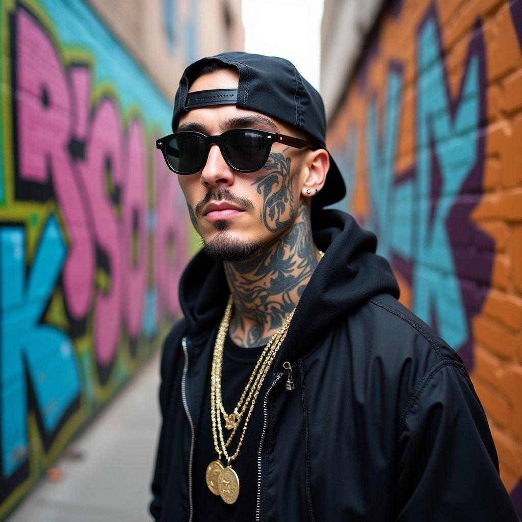 Individual standing against a colorful graffiti wall. Tattoos visible on the neck and hands. Fashion includes a black hoodie and sunglasses. Urban setting with a vibrant background.