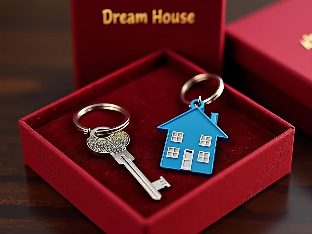 A realistic photo of a luxurious key and house-shaped keychain placed inside an elegant gift box. The box is lined with plush red velvet, giving it a rich and inviting look. The key has a shiny metallic surface, reflecting light beautifully. The blue house keychain is detailed, showcasing a charming design that emphasizes the concept of a dream home. The text 'Dream House' is embossed in gold on the inside of the box, adding a touch of elegance.