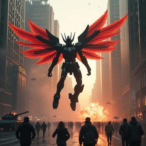 Giant Xenomorph Gundam with wings flying above a chaotic New York street. Buildings collapsing and explosions everywhere. Military tanks firing with helicopters overhead. People running away in fear. Photorealistic details with a wide-angle perspective.