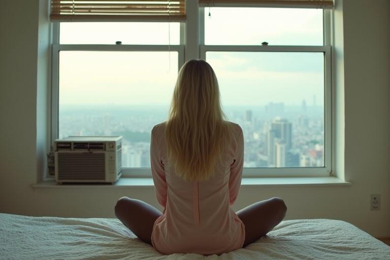 Introspective fashion editorial portrait photograph with a female model sitting cross-legged on a bed. The model has long light blonde hair and wears a light pink shirt. She gazes out of large windows showing a cityscape under an overcast sky. An air conditioning unit is in the window frame. The room has simple off-white walls with gentle, diffused lighting highlighting her profile and the view.