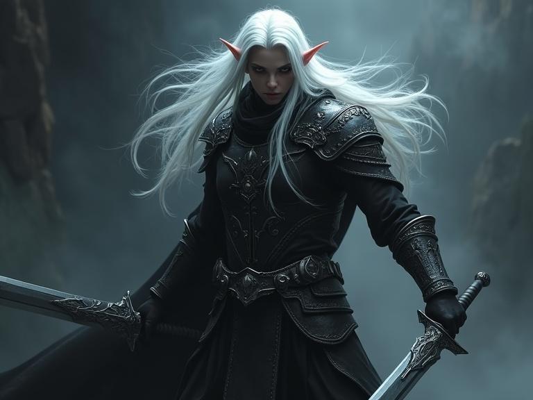 A hyper-detailed hyper-realistic image of a dark elf rogue dual-wielding scimitars. Scene presented in 16:9 aspect ratio with dramatic chiaroscuro lighting. Long flowing white hair and piercing eyes. Dynamic pose suggests readiness for combat. Sharp scimitars gleam in dim light. Swirling mist background. Overall mood is intense and mysterious.