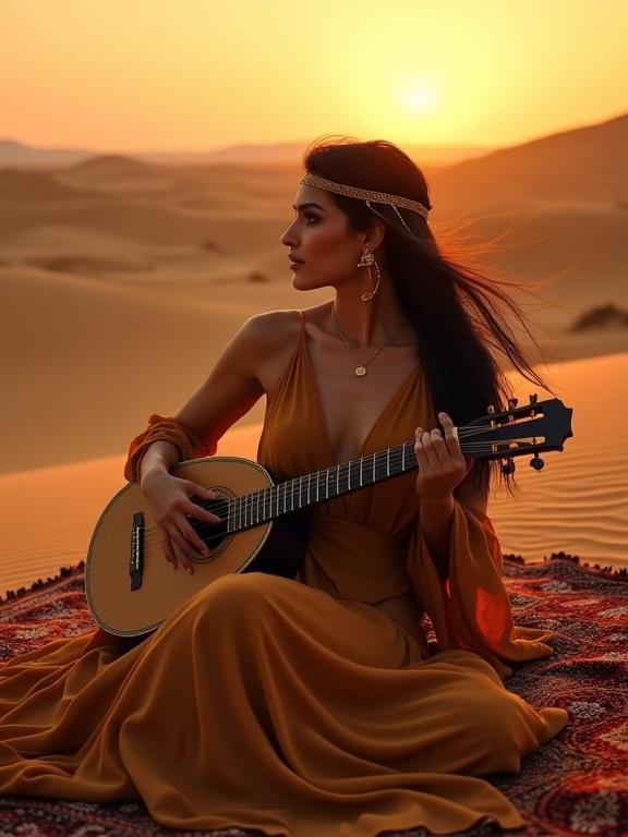 Stunning Arab woman in a golden desert at twilight. Reclining on a rich carpet with intricate patterns. Wearing an earth-toned gown flowing elegantly. Hair adorned with gold strands. Cradling a traditional Oud in her lap, fingers mid-strum. Amber light creating soft shadows in the background. Movement in her garment captured by the gentle wind.