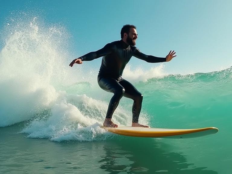 Surfer performs stunts on a surfboard. The ocean waves crash around. The sun shines brightly overhead. The scene captures dynamic movement and athleticism. Camera angle emphasizes action and excitement.