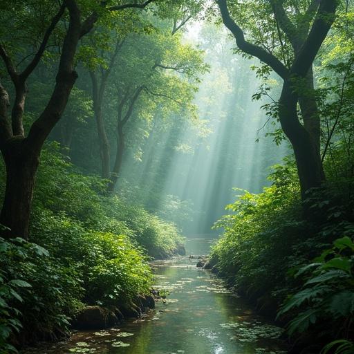 Image of a serene Amazon rainforest environment. Lush greenery surrounds a tranquil stream. Sun rays penetrate through the tree canopy. Soft light illuminates the scene. Perfect for nature exploration.