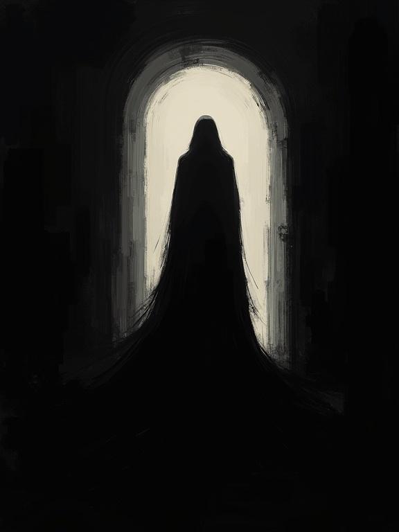 A digital oil painting featuring a silhouette within another silhouette. The background is black with rough edges creating an incomplete look. Surreal shapes and an abstract mood form the atmosphere.
