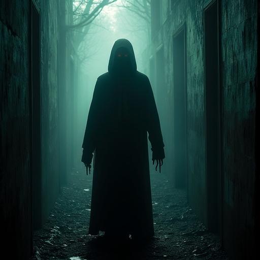 A dark and eerie hallway with a cloaked figure standing at the end. The figure has glowing red eyes and is surrounded by fog. The atmosphere is filled with tension and fear, evoking the horror genre.