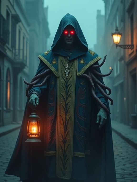 A corrupted malevolent bishop of the Church of Storms. A man draped in an ocean-colored luxurious mantle with gold embroidery. A hood covers his head; only his lower face and neck are visible with glowing red eyes. In his left hand is a lantern; tentacles emerge from his right sleeve. He faces the camera with a menacing stare. The background is a nighttime port city resembling impoverished Victorian England, shrouded in fog.