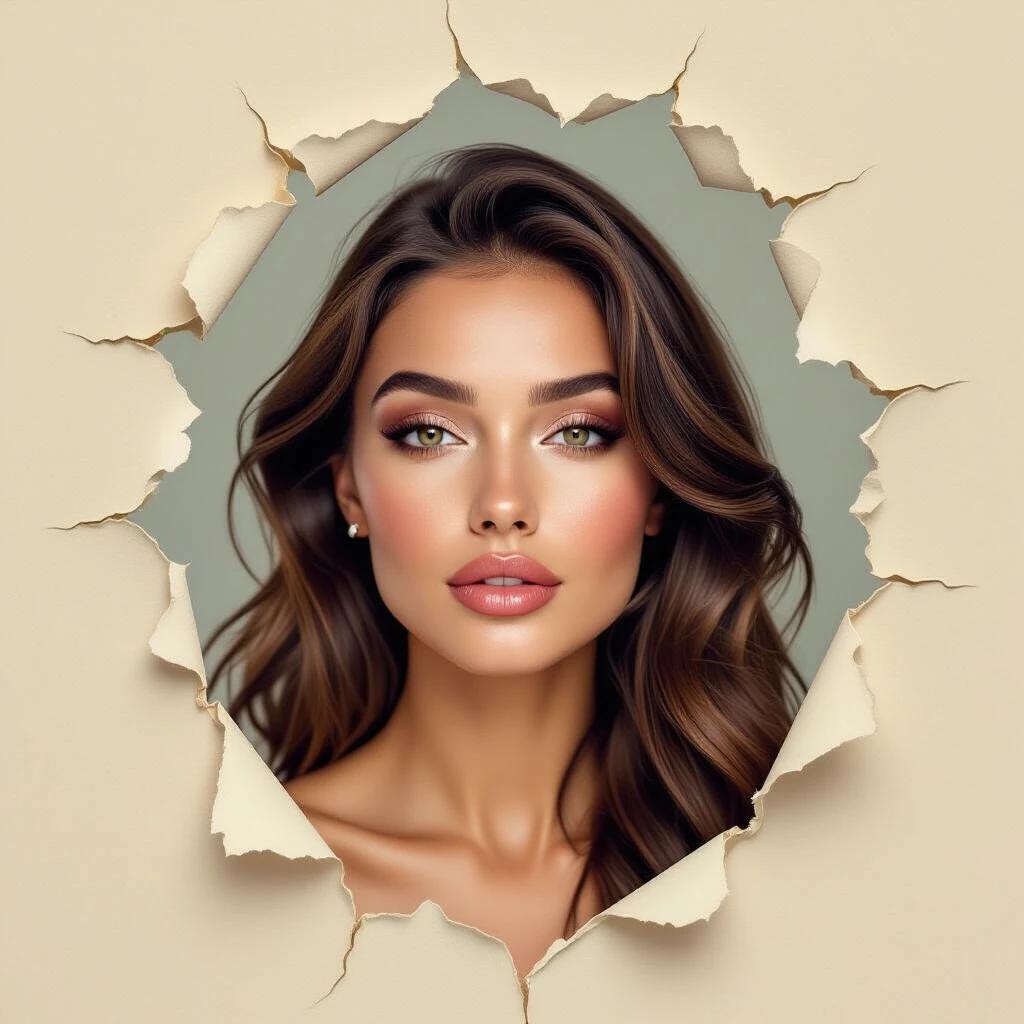 A beautiful woman with striking features, bold eye makeup, looking directly at the viewer. The background shows a torn paper effect revealing her face. A soft burning effect around the edges of the paper adds atmosphere.