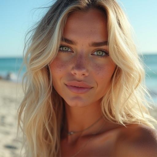 Photo of a Nordic influencer at the beach. The model has long blonde hair and big green eyes. Slim nose and full lips. She has freckles and is wearing a bikini.