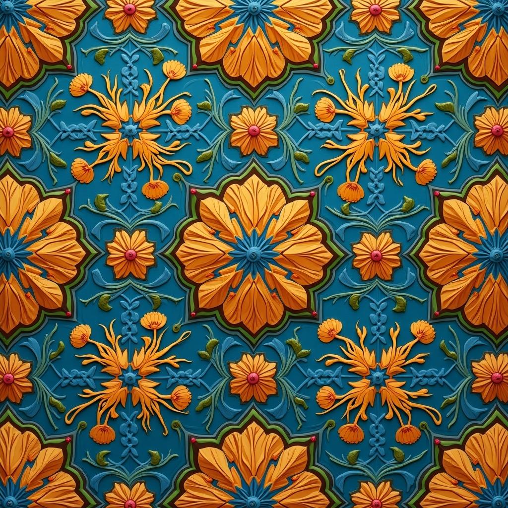 Unique Arabesque Pattern with floral motifs and intricate details. Bright colors and symmetrical design complete the visual impact.