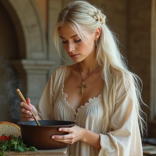 Portrait of a woman with long, wavy platinum blonde hair. She is stirring a pot in a rustic kitchen. The focus is on her calm expression and elegant attire. Soft lighting enhances her features.