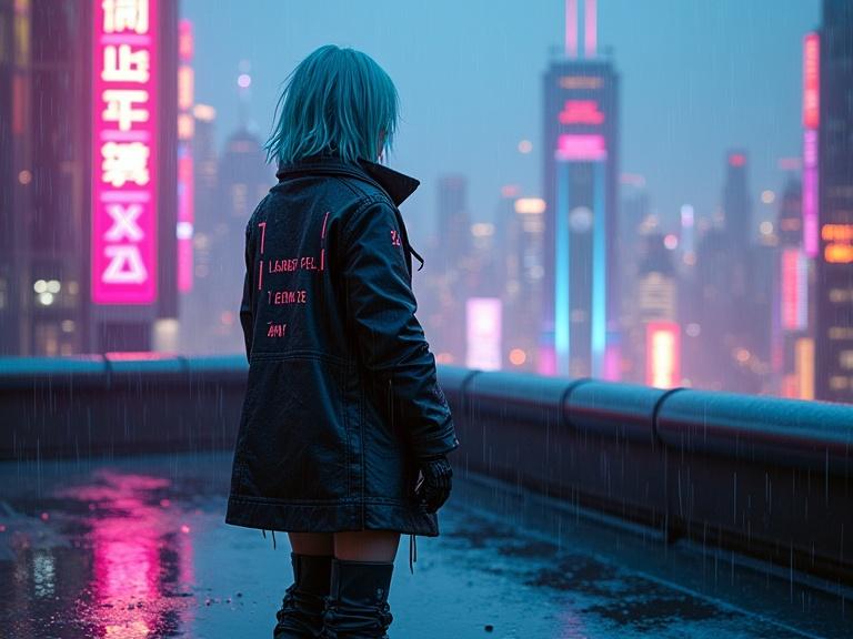 Night scene in futuristic cyberpunk city. 19-year-old girl with glowing cyan hair stands on rain-soaked rooftop. High-tech leather coat with glowing runes. One eye cybernetic. Chrome surfaces glisten. Holograms flicker in mist. Flying cars overhead. Faint magic circle glows beneath her. Ultra-realistic and moody.