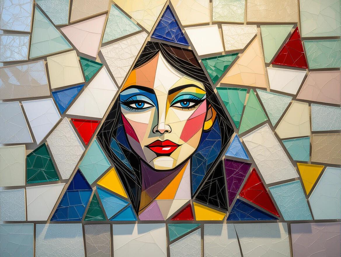 Mosaic artwork composed of ceramic tile and glass. Features an abstract portrayal of a woman's face surrounded by colorful geometric shapes. Ethereal and glamorous feel. Encaustic mixed media techniques noticeable in design.
