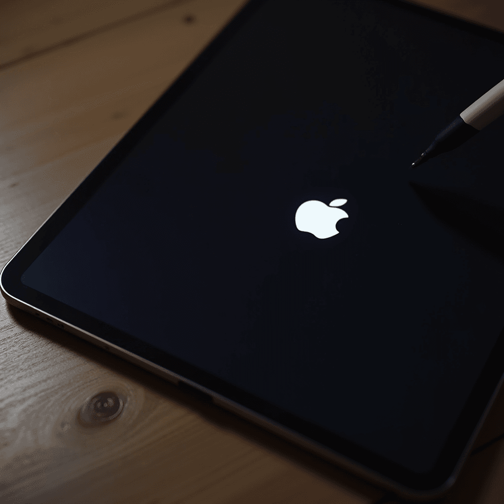 A digital stylus hovers over an Apple device displaying the Apple logo on a wooden surface.