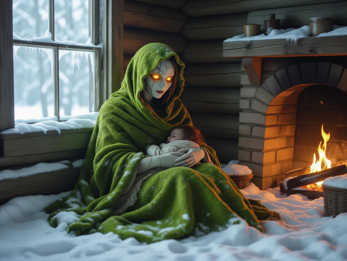 Moss-wrapped humanoid woman with cracked porcelain skin and glowing amber eyes seated in an abandoned snow-covered cottage. Bundled in shawls of wool and dried herbs. Gently cradling a sleeping child in her lap. Warm golden light from a flickering hearth. Cozy interior with aged wood textures and soft shadows. Her shadow stretches unnaturally across the walls. Atmospheric fog seeping through broken windows. Cinematic soft lighting and shallow depth of field. Ultra-detailed masterpiece captured with an 85mm lens.