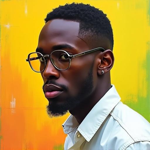 Painting of a black man in a white shirt and metal glasses. Features short hair and colorful background. Yellow, orange, and green gradients enhance vibrancy.