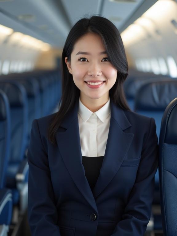 A short Chinese flight attendant sits confidently in the seat of an airplane. She has black hair and wears a formal navy blue unbuttoned uniform with a skirt and a white blouse. The interior of the aircraft displays rows of seats. The overall setting appears clean and organized.