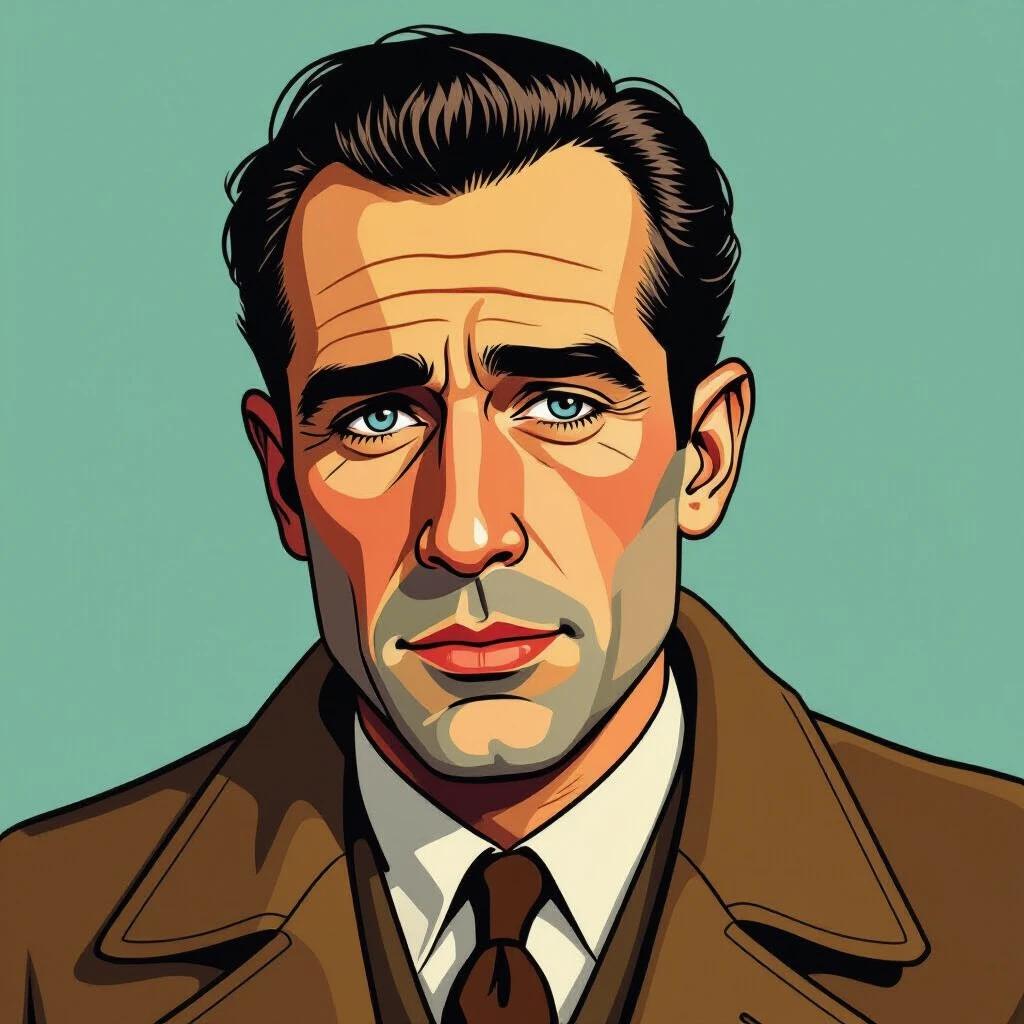 Portrait of a character reminiscent of classic cinema icons. Semi-profile view in a comic style blending bold outlines with photorealistic colors. Emphasis on attire typical of mid-20th century.