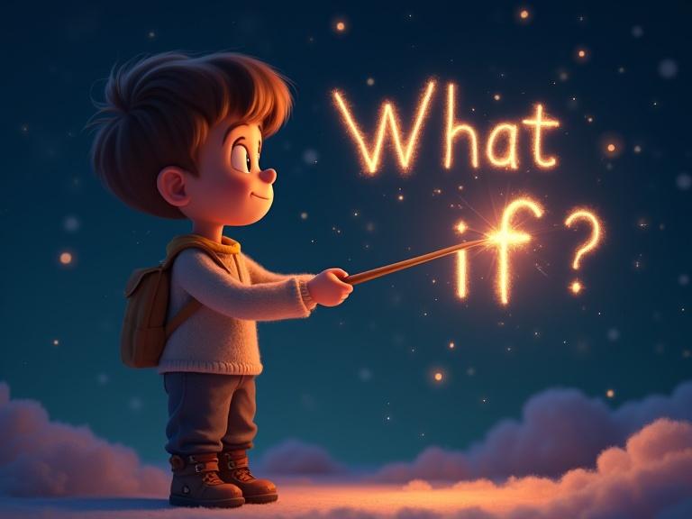 A small kid uses a magical wand. The wand writes 'What if ?' in sparkling text. Letters glow against a dark starry background. Scene evokes wonder and fantasy. Cartoony 3D style.