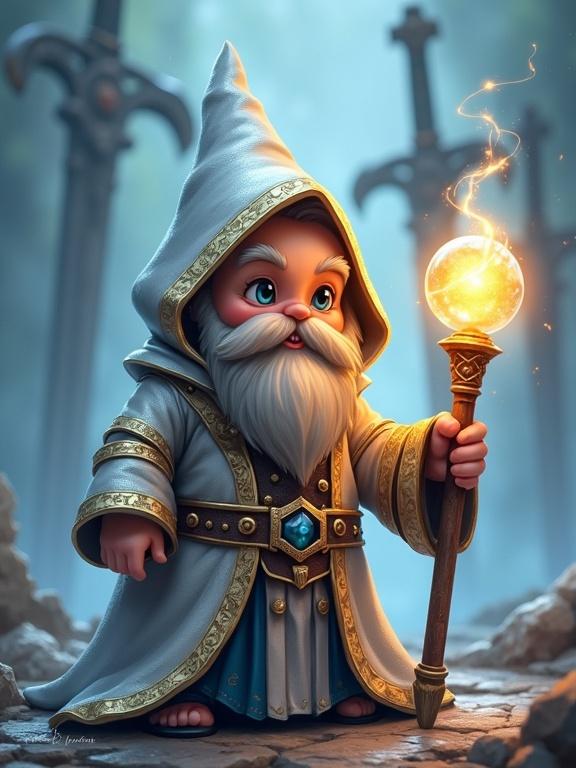 Chibi-style Dwarf mage character in shiny silver robe with intricate magical patterns. Stout build with thick beard. Holding staff with glowing orb casting light. Calm focused expression showing wisdom and strength. Background features blurred sword silhouettes for contrasting elements of magic and combat.