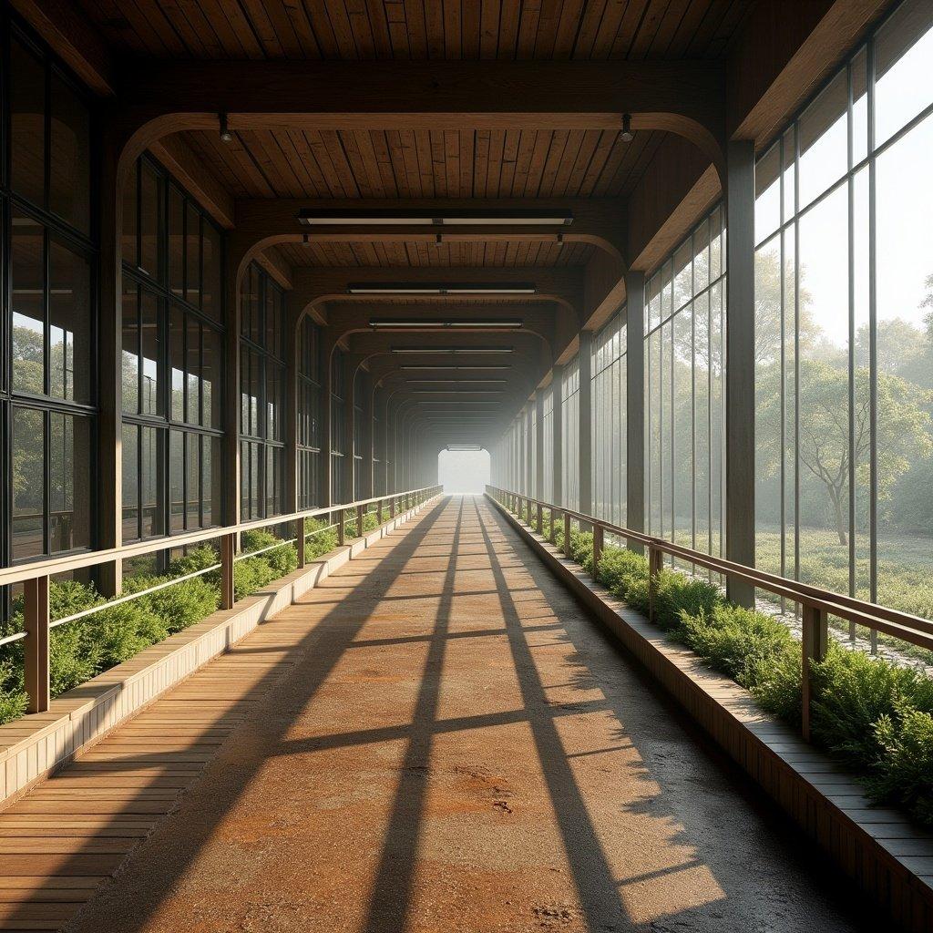 A section of an indoor horse race track designed like a subway tunnel with large windows, wooden beams, and lush greenery along the sides.