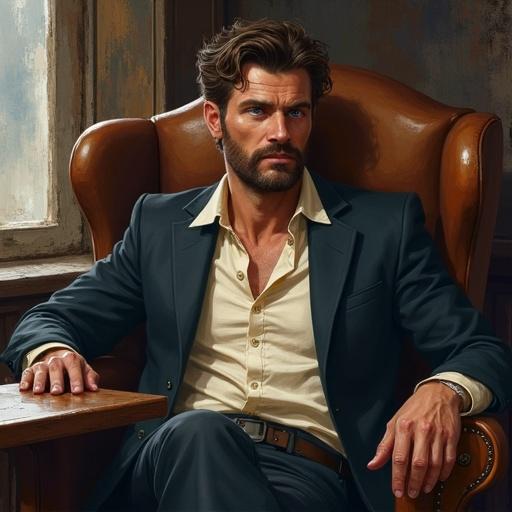 Painterly style art featuring a half-elf male character. He has short textured brown hair, blue eyes, and a subtle beard. Seated in a chair with arms crossed. Worn dark jacket over a partially unbuttoned cream shirt. Brooding expression in a tavern setting with natural lighting and colors.