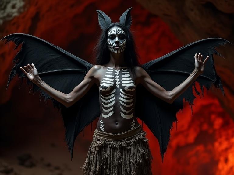 A female Maya dancer embodies the bat spirit. She has ragged black wings and her body is painted with white bone-like symbols. Her face is adorned with ritual war paint. The coarse skirt is torn and darkened. A cave with red firelight serves as the backdrop.